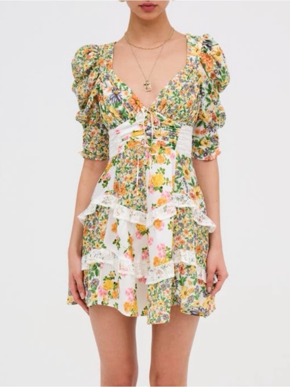 For Love and Lemons Rosalyn Floral Ruffle and Lace Mini Dress